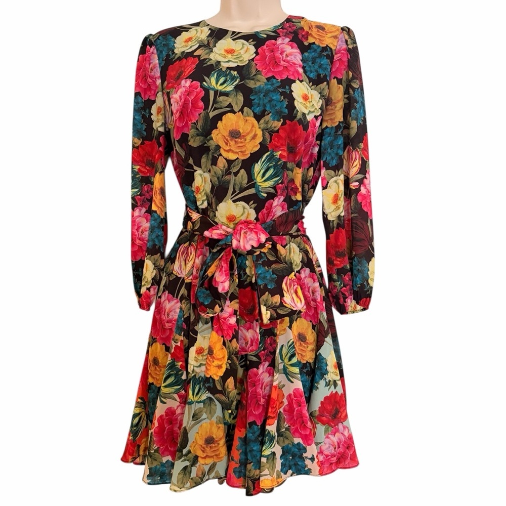 Alice + Olivia Women’s Mina Black Floral Tie-Waist Mini Dress Medium - Picture 2 of 10